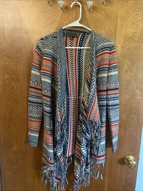 Open-Front Fringe Cardigan Sweater - Navy, Cream & Rust